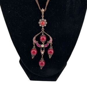 Gwen Jewelry Ribbon Necklace w/ an Indian or South Asian Design 4 Red Beads